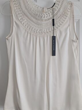 Elie Tahari Cream Sleeveless Beaded Yoke Blouse